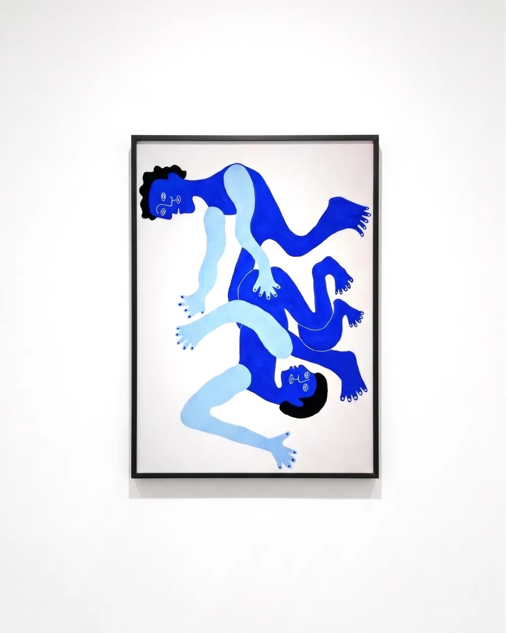 Blue Love, gouache on paper of two intertwined figures in two tones of blue, framed in black on a white wall