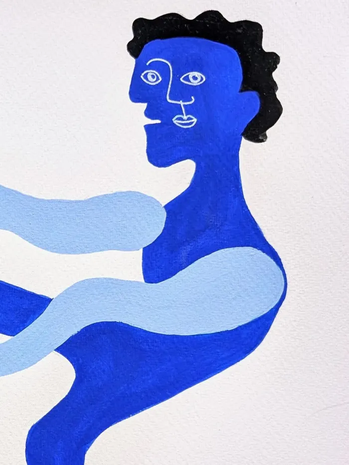 Blue Love, detail of a cobalt figure's face with black hair, gouache on paper