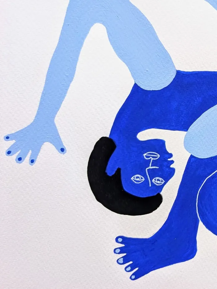 Blue Love, detail of a light blue hand reaching over a cobalt figure, gouache on paper