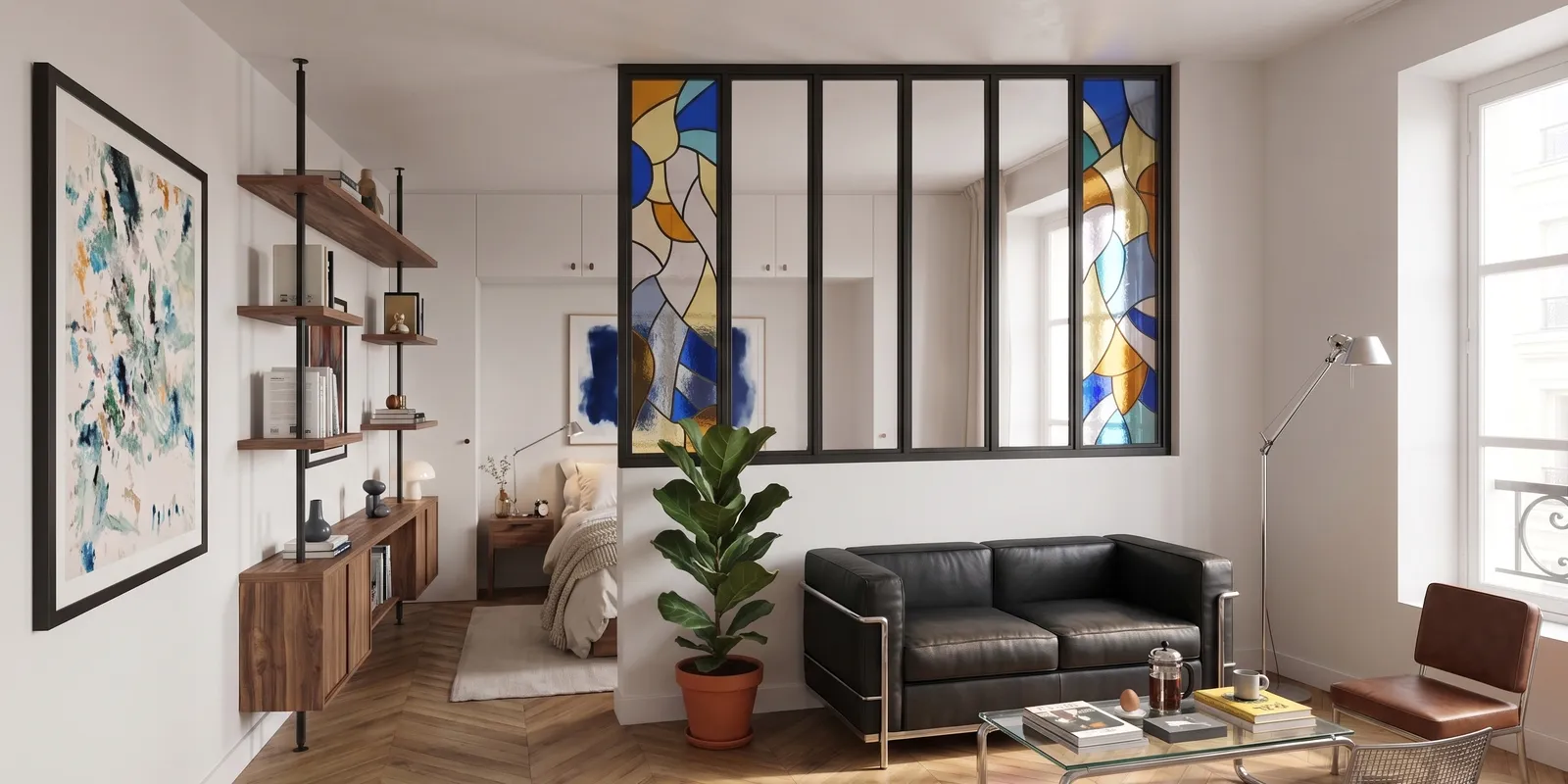 Fragments du ciel installed in a Paris apartment, stained-glass panels set into a black steel glass partition between living room and bedroom